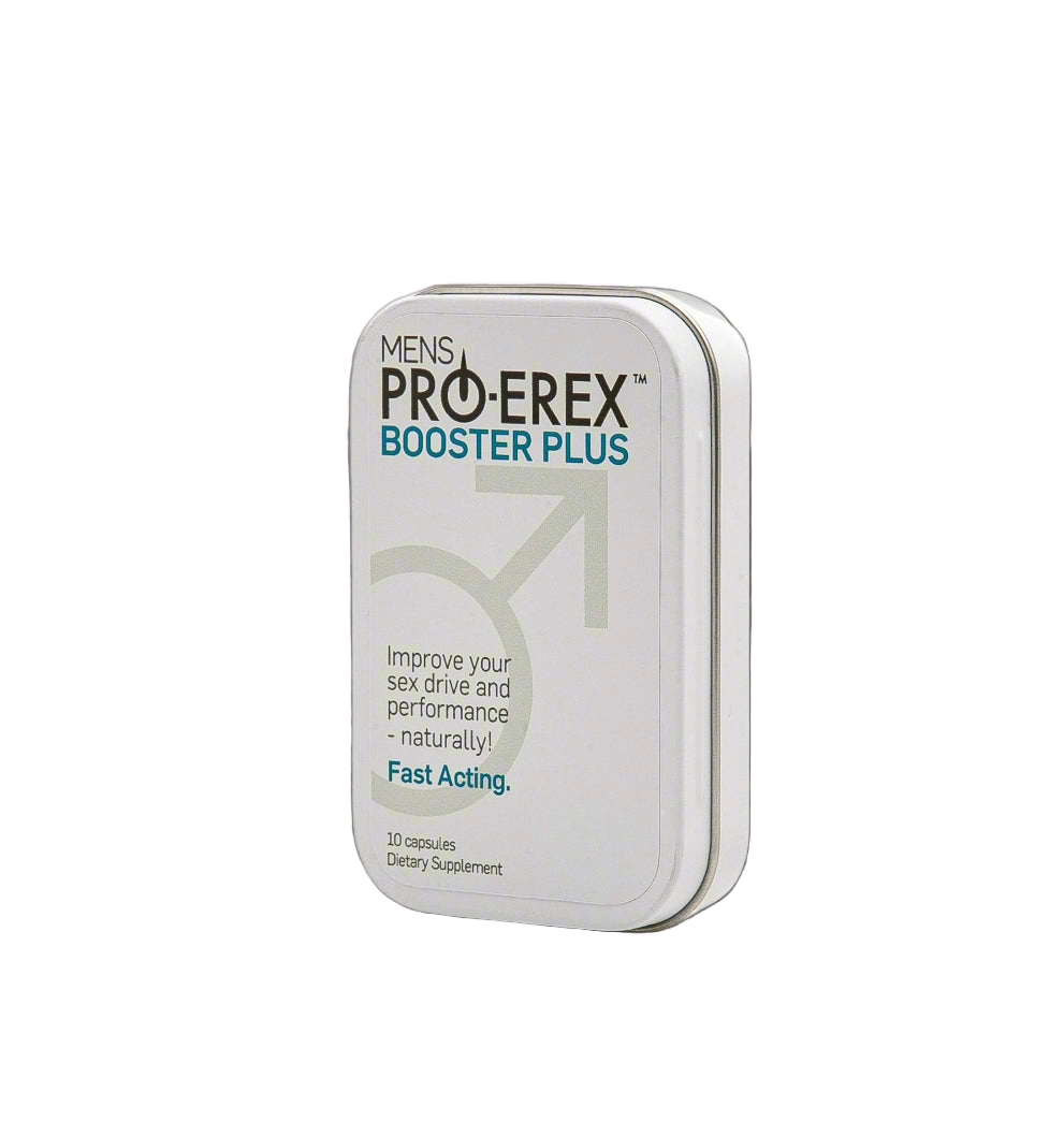 Mens Pro-Erex Booster Plus supplement tin on a white background