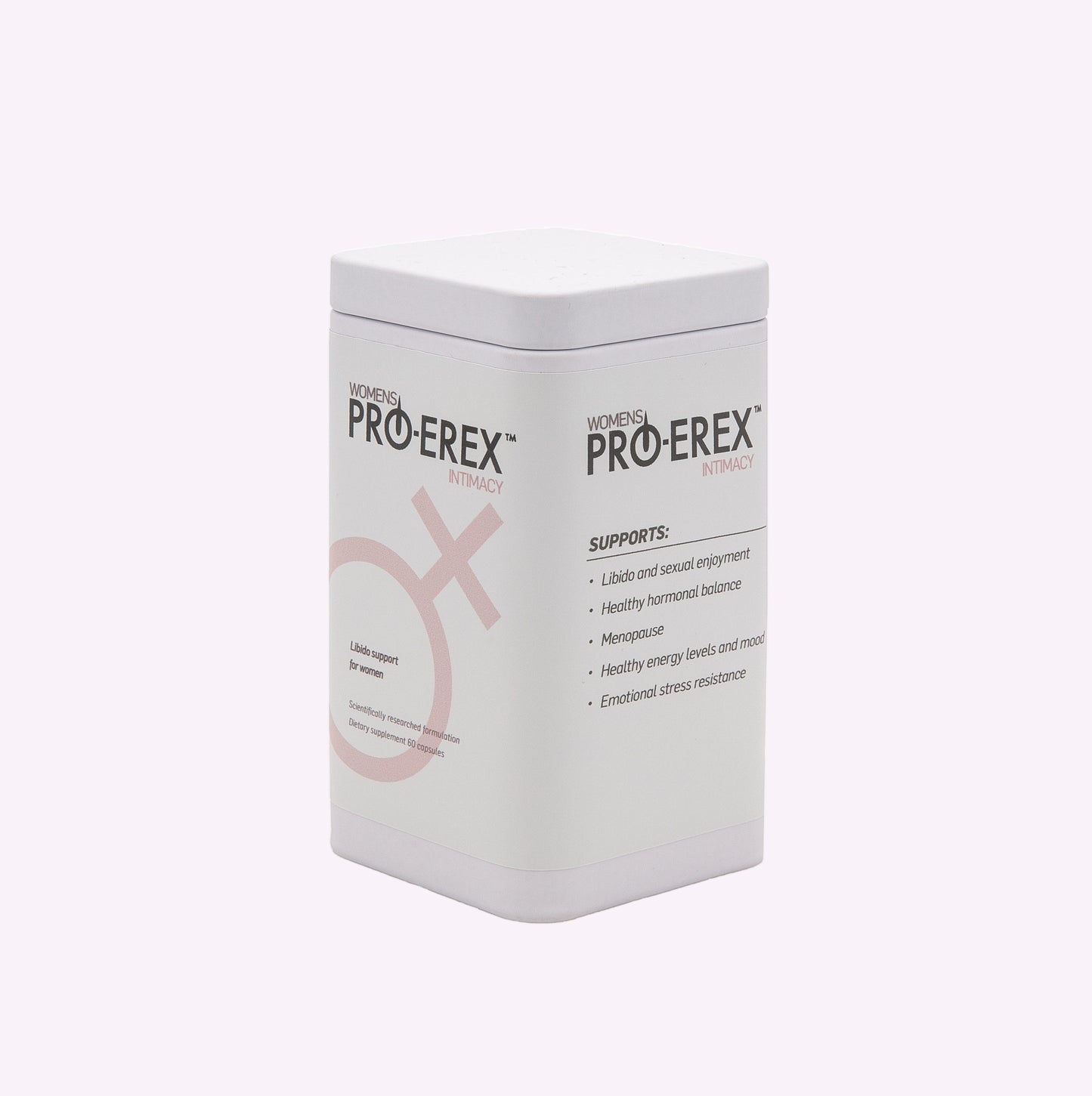 A white bottle of Pro-Erex Intimacy with red and black text, indicating it is a supplement to support libido and hormonal balance.