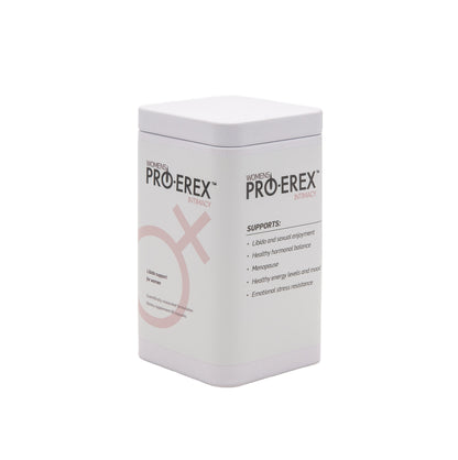 A white bottle of Pro-Erex Intimacy with red and black text, indicating it is a supplement to support libido and hormonal balance.